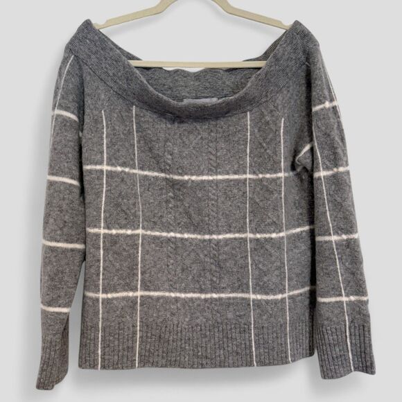 NWT dh New York Off Shoulder Sweater Pullover Windowpane Gray Size Large - Picture 1 of 8